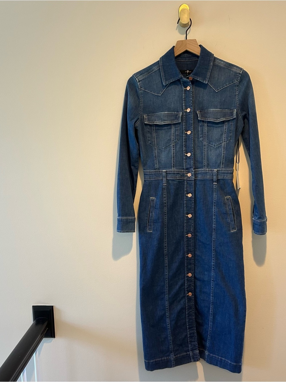 7 For All Mankind Women’s Dark Indigo Denim Button-Front Midi Dress Long Sleeve